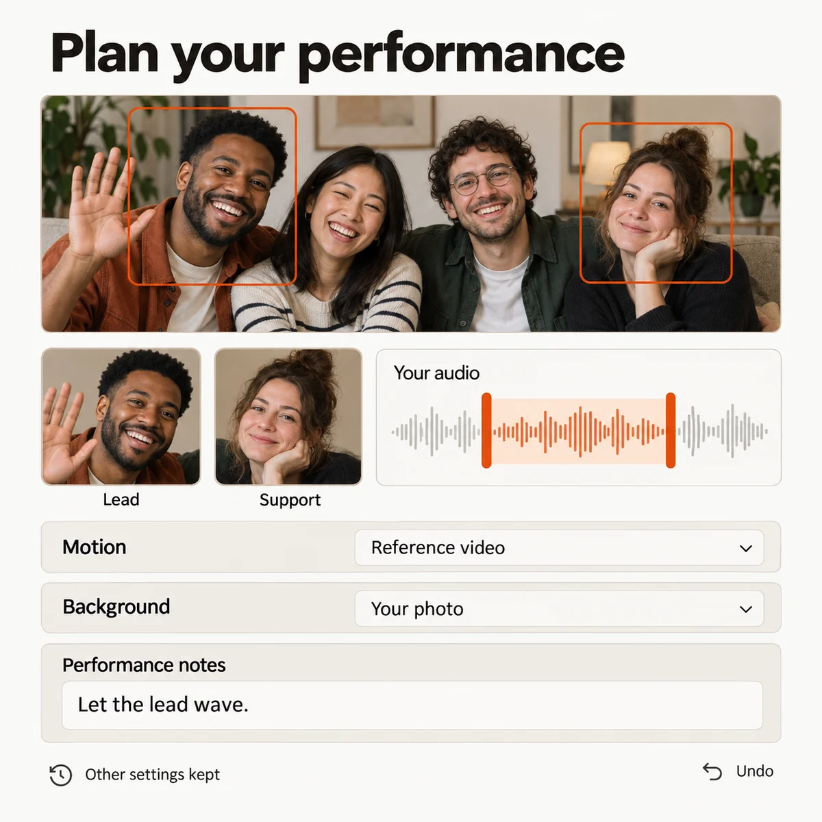 Rap Maker setup with selected performers, a sound reference, scene controls, and saved settings.