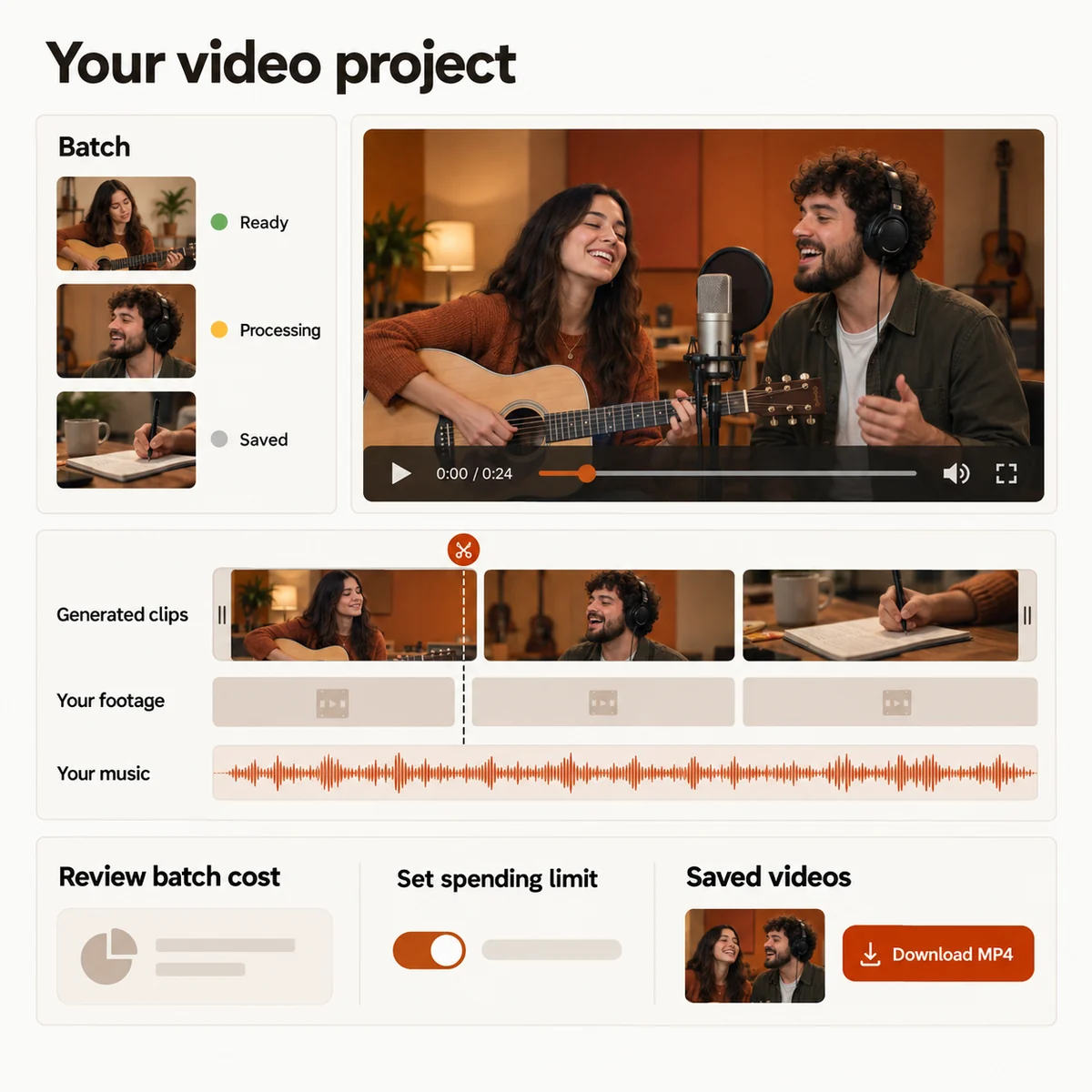 Rap Maker edit timeline with generated scenes, personal footage, music controls, a credit estimate, and MP4 export.